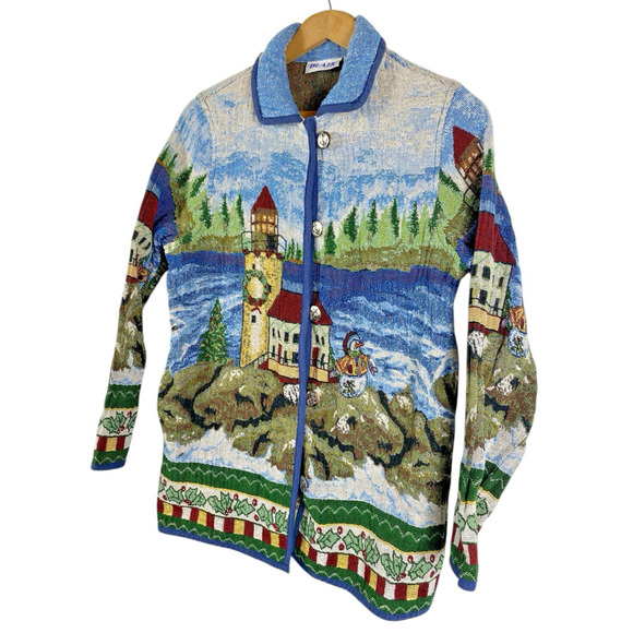 Lighthouse Tapestry Coat Jacket Christmas Art to Wear Grandmacore Size Small Vtg - Picture 11 of 16